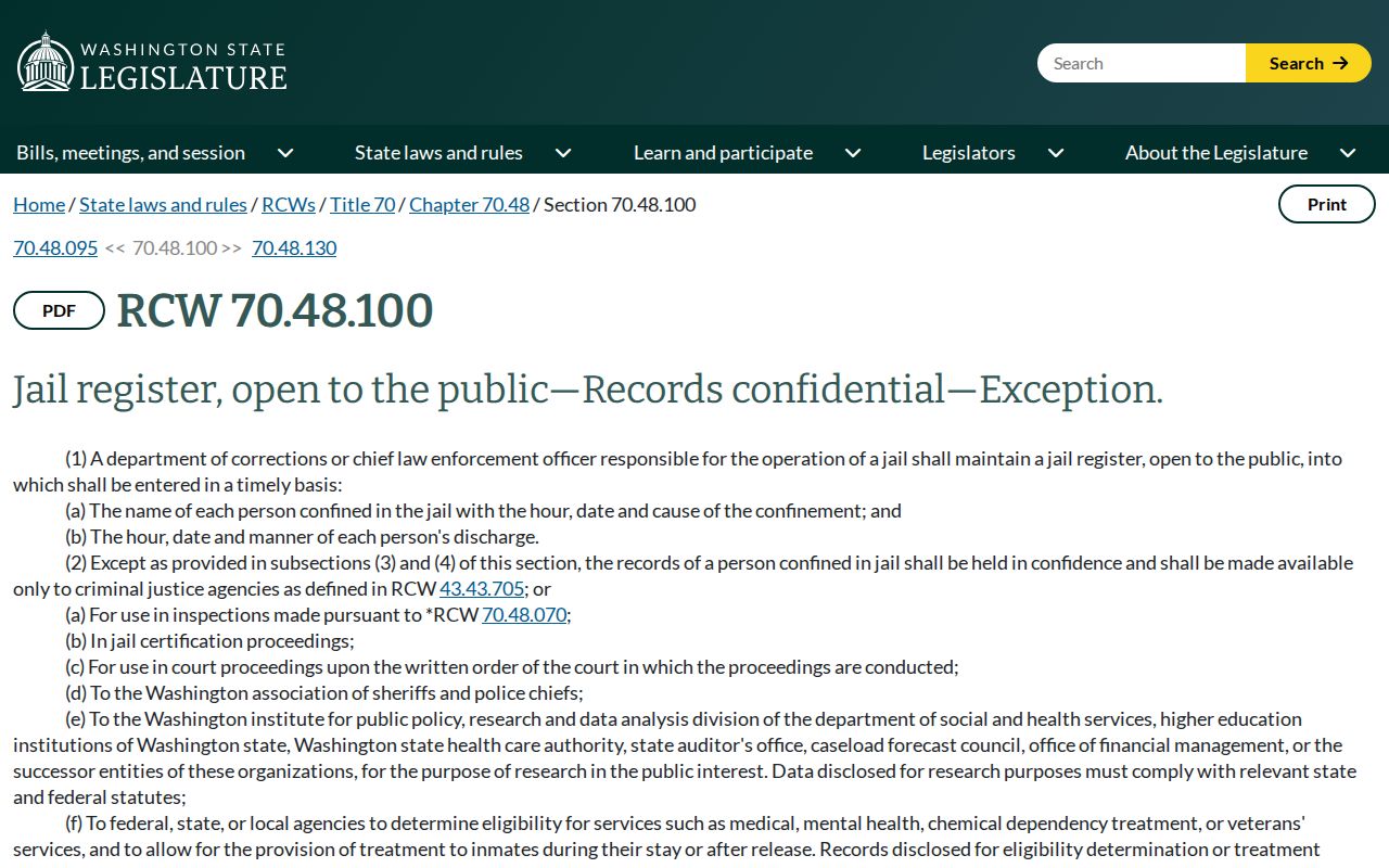 Washington RCW 70.48.100 Thurston County booking record law