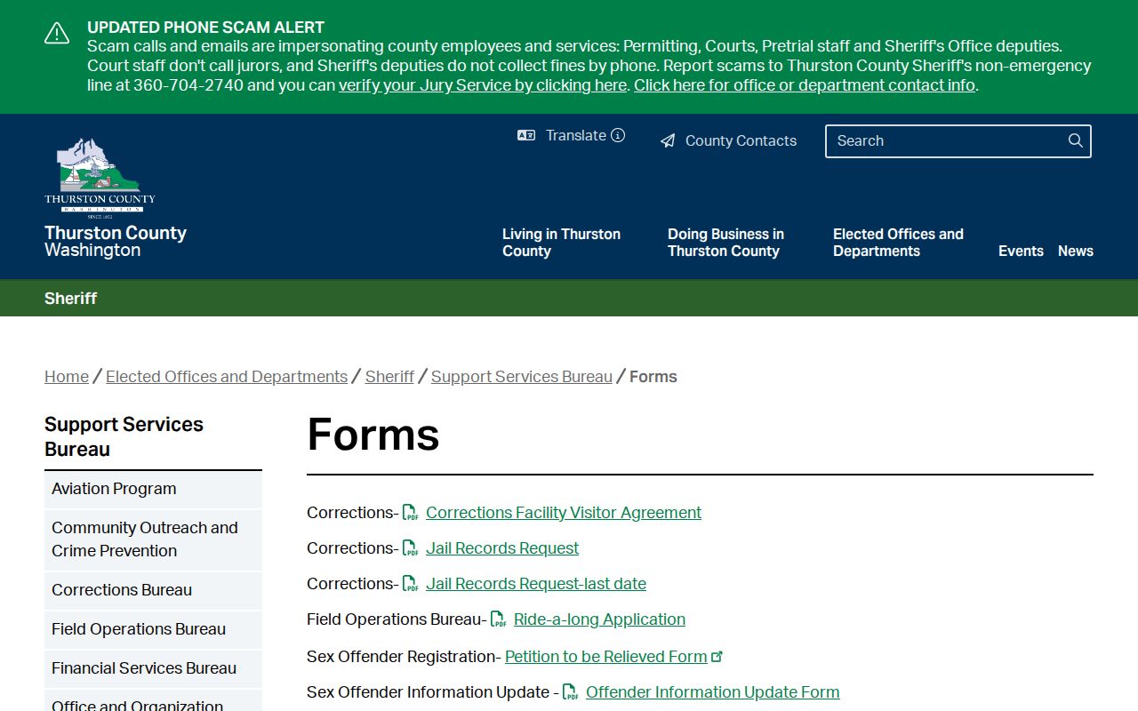 Thurston County Corrections booking record request forms